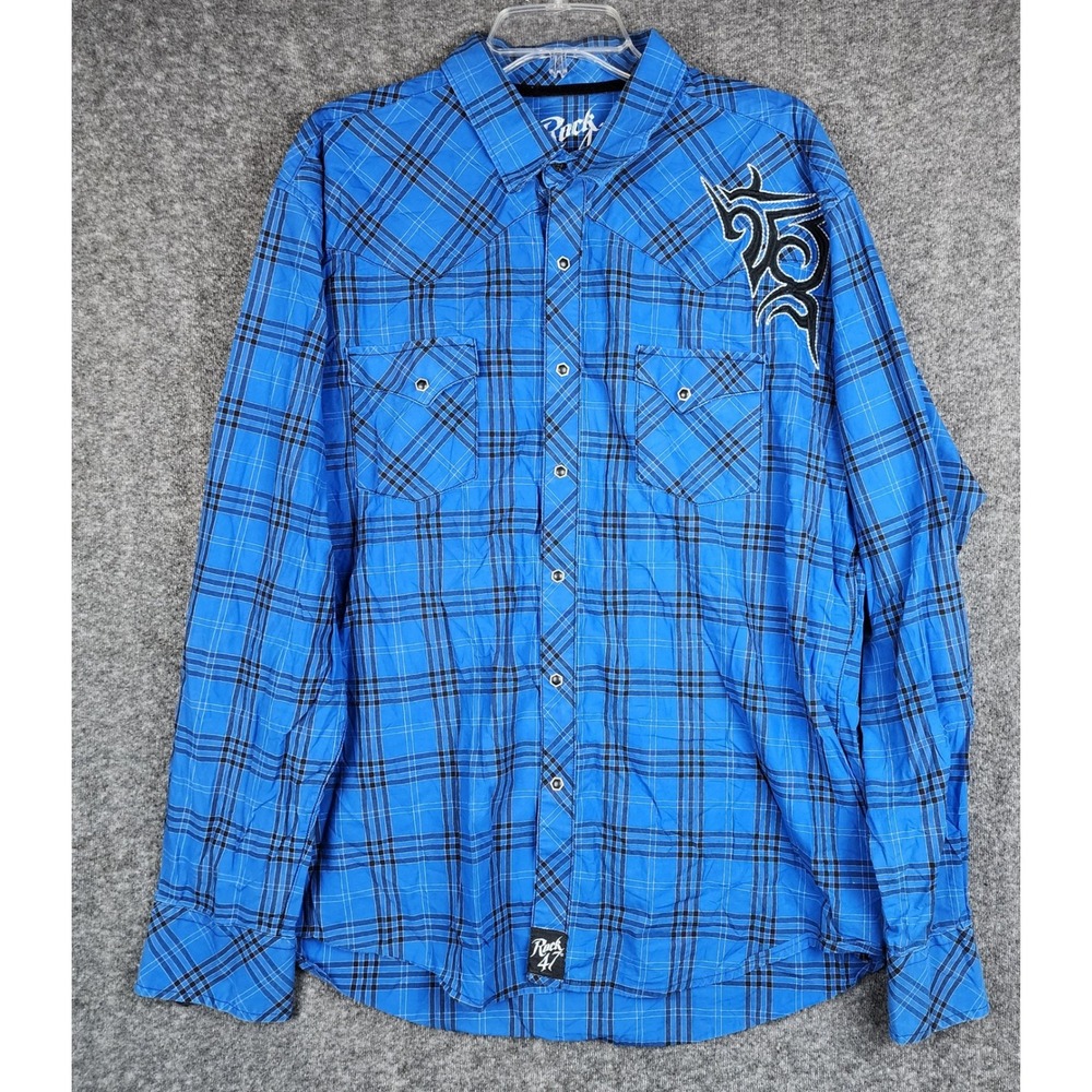Rock 47 Wrangler‎ Western Shirt Mens 2XL Blue Plaid Tribal Embroidery Pearl Snap